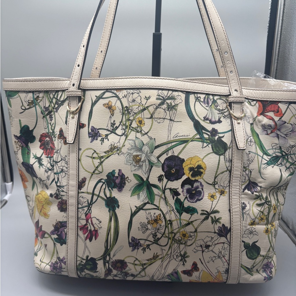 Gucci Blooms Floral Leather Tote Bag Cream Botanical Italy Large